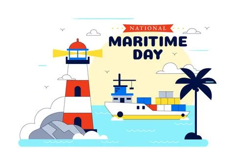 World Maritime Day Vector Illustration Featuring Lighthouse, Cargo Ship, Oc.. Ilustración de archivo