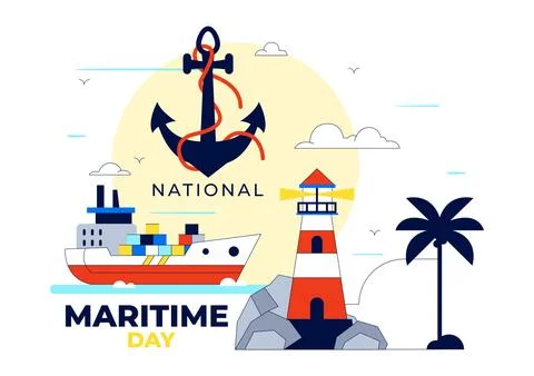 World Maritime Day Vector Illustration Featuring Lighthouse, Cargo Ship, Oc.. Ilustración de archivo