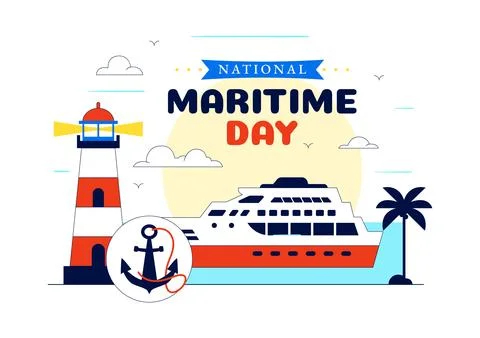 World Maritime Day Vector Illustration Featuring Lighthouse, Cargo Ship, Oc.. Ilustración de archivo