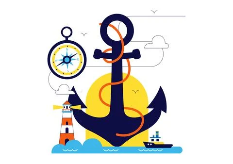 World Maritime Day Vector Illustration Featuring Cargo Ship, Lighthouse, Ma.. Stock Illustration
