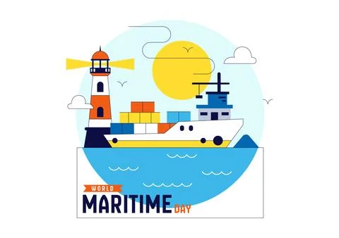 World Maritime Day Vector Illustration Featuring Cargo Ship, Lighthouse, Ma.. Stock Illustration
