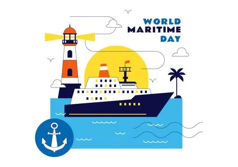 World Maritime Day Vector Illustration Featuring Cargo Ship, Lighthouse, Ma.. Stock Illustration