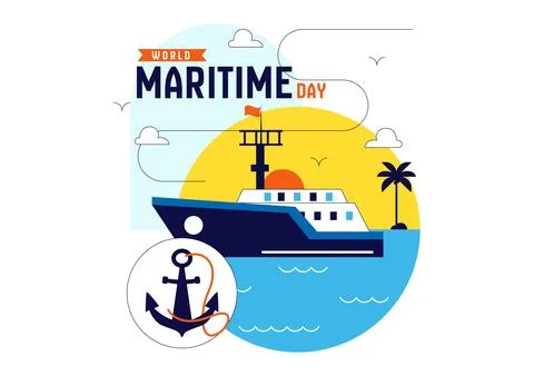 World Maritime Day Vector Illustration Featuring Cargo Ship, Lighthouse, Ma.. Stock Illustration