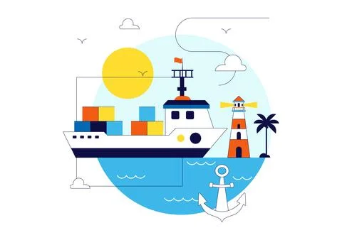 World Maritime Day Vector Illustration Featuring Cargo Ship, Lighthouse, Ma.. Stock Illustration