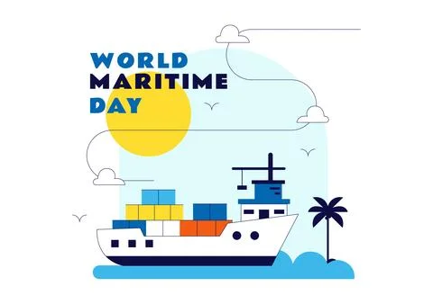World Maritime Day Vector Illustration Featuring Cargo Ship, Lighthouse, Ma.. Stock Illustration