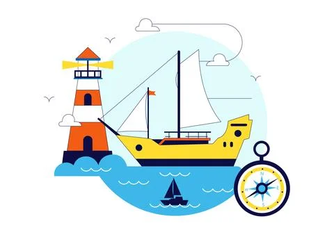World Maritime Day Vector Illustration Featuring Cargo Ship, Lighthouse, Ma.. Stock Illustration