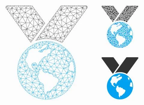 World Medal Vector Mesh Network Model and Triangle Mosaic Icon 스톡 일러스트