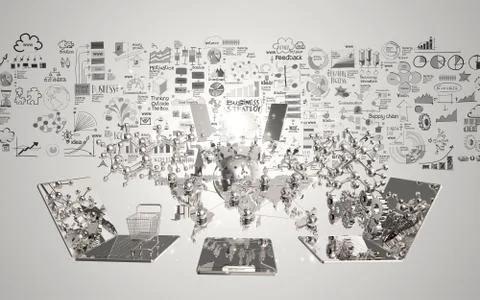 World of media network 3d and hand drawn business strategy as cocnept Stock-Illustration