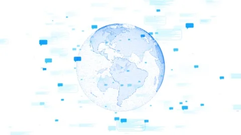 World messaging network visual dotted digital Earth, blue speech bubbles, bright Stock Footage 340557643