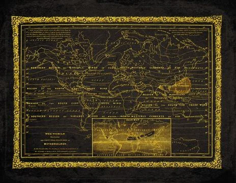 The World Meteorology and Climate Map Black And Gold Historical Map Illustrazione stock