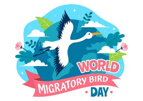 World Migratory Bird Day Vector Illustration with Birds Migrations Groups a.. Stock Illustration