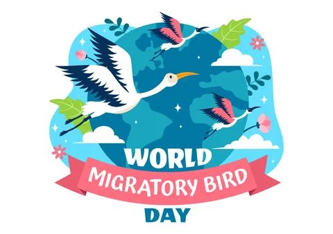 World Migratory Bird Day Vector Illustration with Birds Migrations Groups a.. Ilustración de archivo