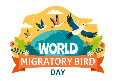 World Migratory Bird Day Vector Illustration with Birds Migrations Groups a.. Stock Illustration