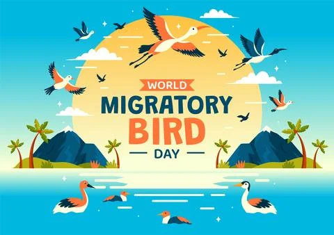 World Migratory Bird Day Vector Illustration with Birds Migrations Groups a.. Stock Illustration