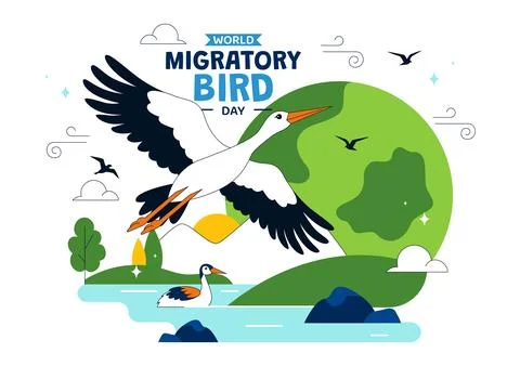 World Migratory Bird Day Vector Illustration Featuring Flying Storks Over W.. Stock Illustration