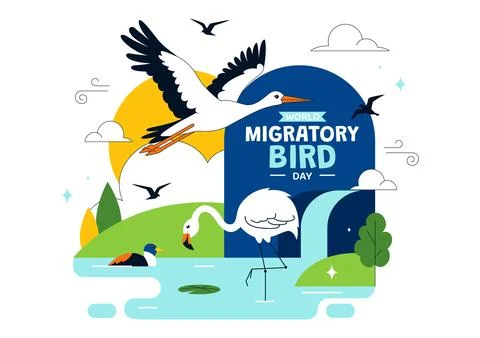 World Migratory Bird Day Vector Illustration Featuring Flying Storks Over W.. Stock Illustration