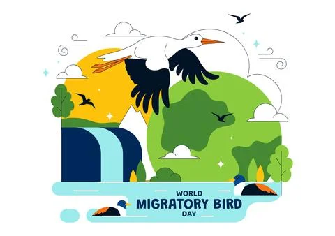 World Migratory Bird Day Vector Illustration Featuring Flying Storks Over W.. Stock Illustration