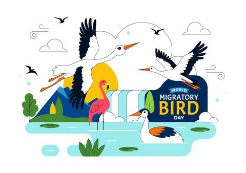 World Migratory Bird Day Vector Illustration Featuring Flying Storks Over W.. Stock Illustration