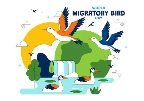 World Migratory Bird Day Vector Illustration Featuring Flying Storks Over W.. Stock Illustration