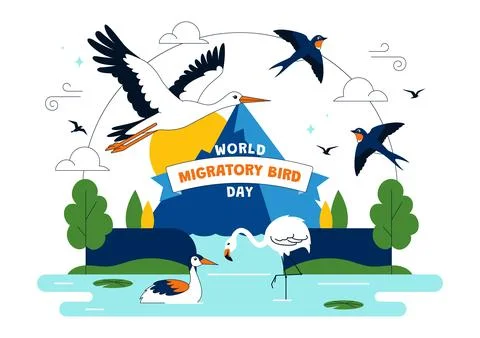 World Migratory Bird Day Vector Illustration Featuring Flying Storks Over W.. Stock Illustration