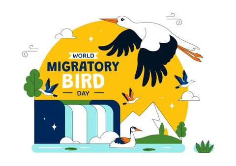 World Migratory Bird Day Vector Illustration Featuring Flying Storks Over W.. Stock Illustration