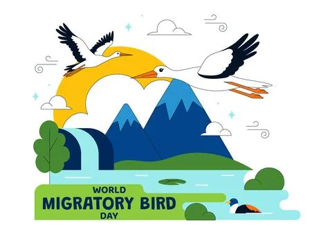 World Migratory Bird Day Vector Illustration Featuring Flying Storks Over W.. Ilustración de archivo