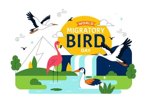 World Migratory Bird Day Vector Illustration Featuring Flying Storks Over W.. Stock Illustration