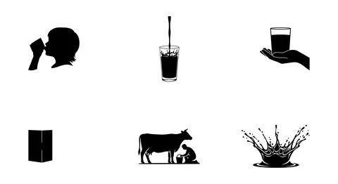 World Milk Day Vector Set: Silhouettes of Drinking, Pouring, and Splashing Milk Stock Illustration