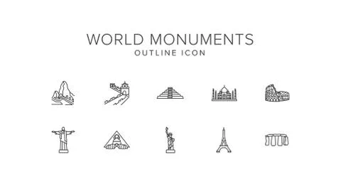 World monuments Line Icon Set Stock Illustration