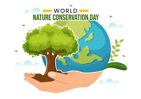 World Nature Conservation Day Vector Illustration with World Map, Tree and .. Illustrazione stock