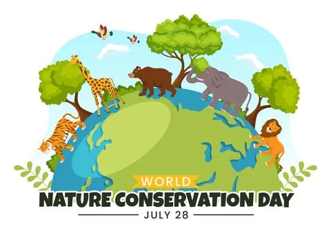 World Nature Conservation Day Vector Illustration with World Map, Tree and .. Illustrazione stock