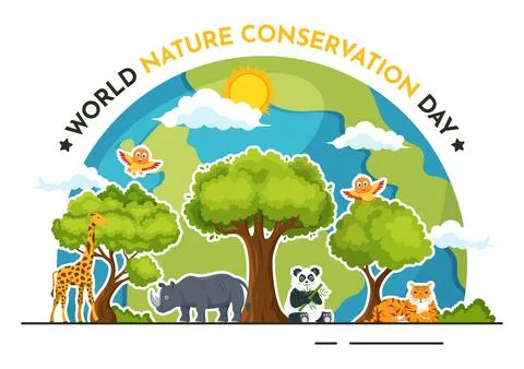 World Nature Conservation Day Vector Illustration with World Map, Tree and .. Ilustración de archivo
