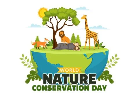 World Nature Conservation Day Vector Illustration with World Map, Tree and .. Illustrazione stock