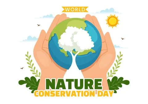 World Nature Conservation Day Vector Illustration with World Map, Tree and .. Illustrazione stock