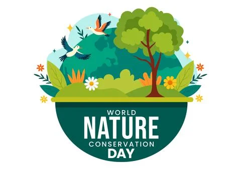 World Nature Conservation Day Vector Illustration with World Map, Tree and .. Illustrazione stock