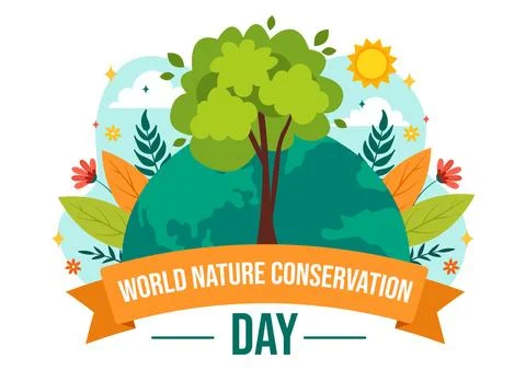 World Nature Conservation Day Vector Illustration with World Map, Tree and .. Illustrazione stock