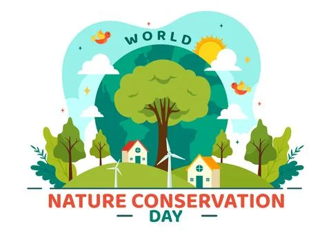 World Nature Conservation Day Vector Illustration with World Map, Tree and .. Ilustración de archivo