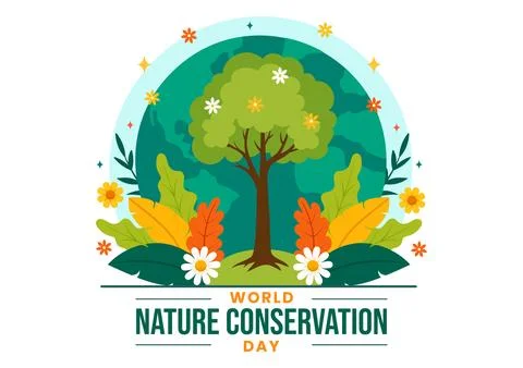 World Nature Conservation Day Vector Illustration with World Map, Tree and .. Illustrazione stock