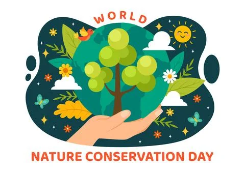World Nature Conservation Day Vector Illustration with World Map, Tree and .. Ilustración de archivo