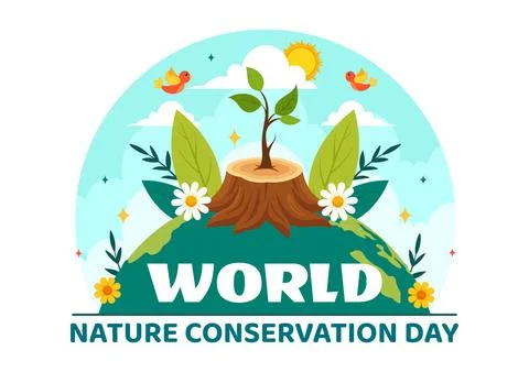World Nature Conservation Day Vector Illustration with World Map, Tree and .. Illustrazione stock