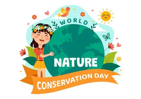 World Nature Conservation Day Vector Illustration with World Map, Tree and .. Illustrazione stock