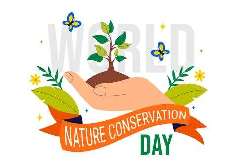 World Nature Conservation Day Vector Illustration featuring a World Map, Tr.. Stock Illustration