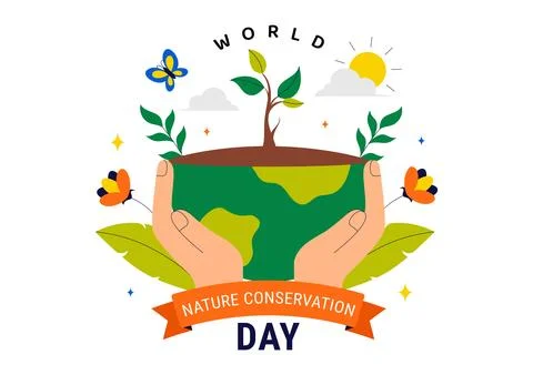 World Nature Conservation Day Vector Illustration featuring a World Map, Tr.. Ilustración de archivo