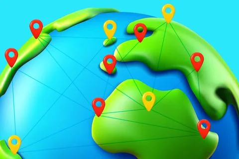 World network abstract scheme on world map with pins? 3d vector illustration Stock Illustration