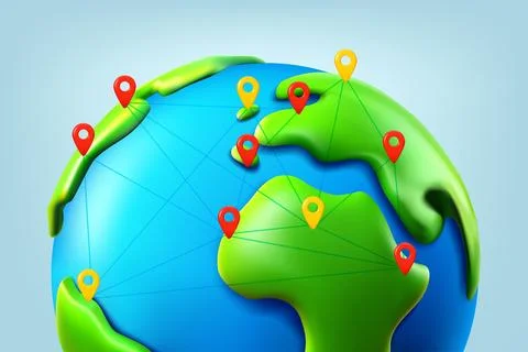 World network abstract scheme on world map with pins? 3d vector illustration Illustrazione stock