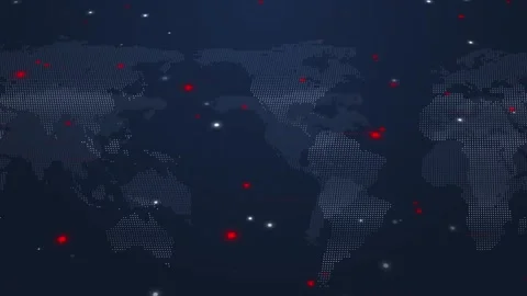 World network warning map visual with red hotspots, bright markers, dotted land Stock Footage 340552500