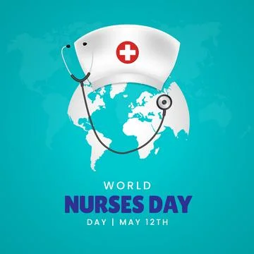 World Nurses Day May 12th illustration with hat stethoscope and globe on bl.. Stock Illustration