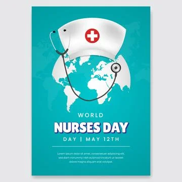 World Nurses Day May 12th flyer design with hat stethoscope and globe illus.. Illustrazione stock