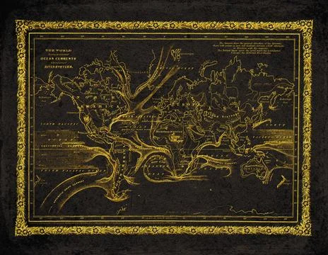 The World Ocean Currents and River Systems Black And Gold Historical Map Stock Illustration