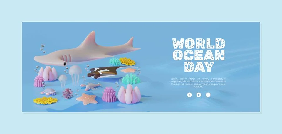 World Ocean Day Banner Template With Manta Ray 3D Render Illustration Stock Illustration
